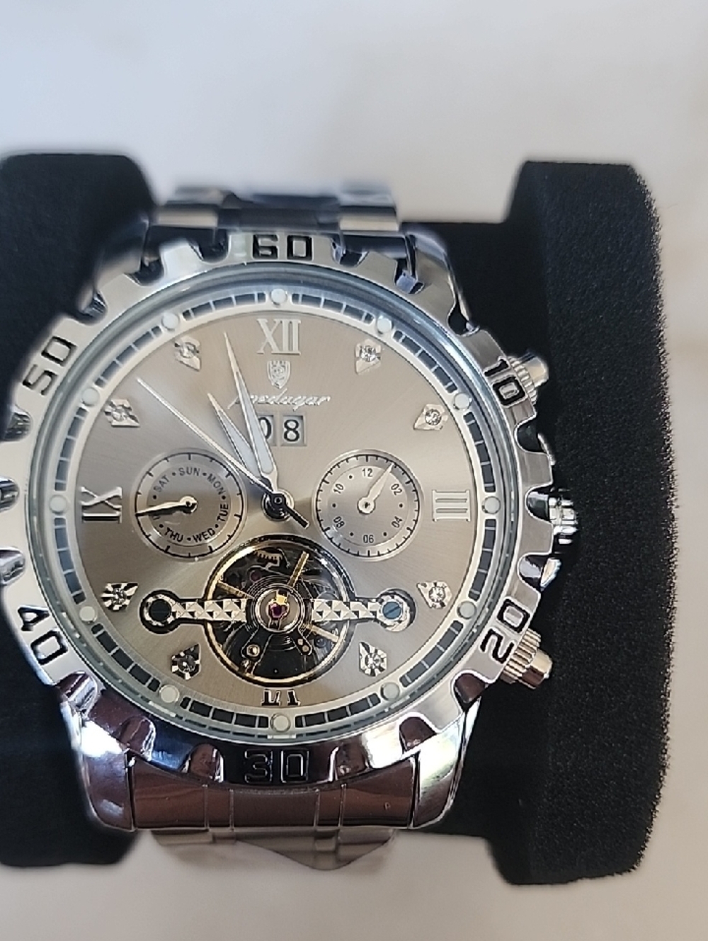 Poedagar Silver Men's Analog Mechanical Watch with Tourbillon Accent